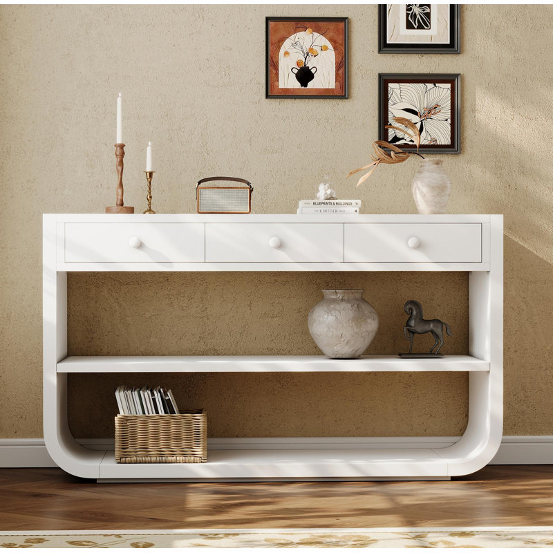 Console moderne incurvée avec 3 tiroirs à fermeture en douceur et 2 tablettes ouvertes, base en bois massif, table de vestibule pour vestibule de salon, blanc