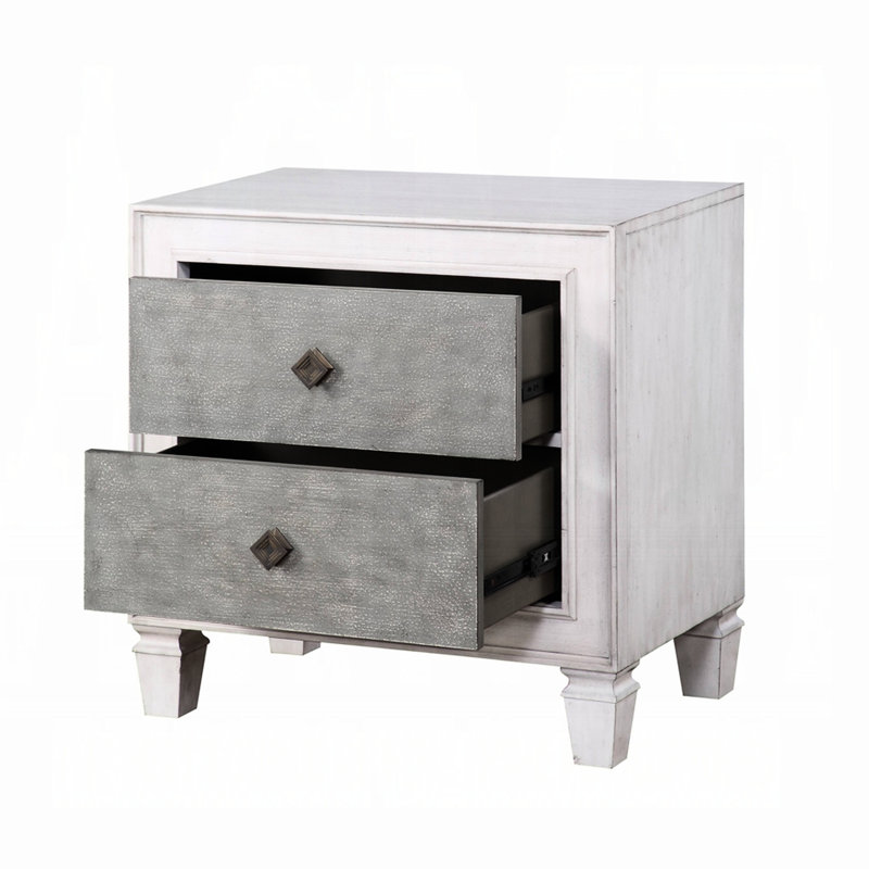 Table de chevet de chambre à coucher en gris rustique - 2 tiroirs en bois de peuplier, glissières latérales en métal, blanc vieilli