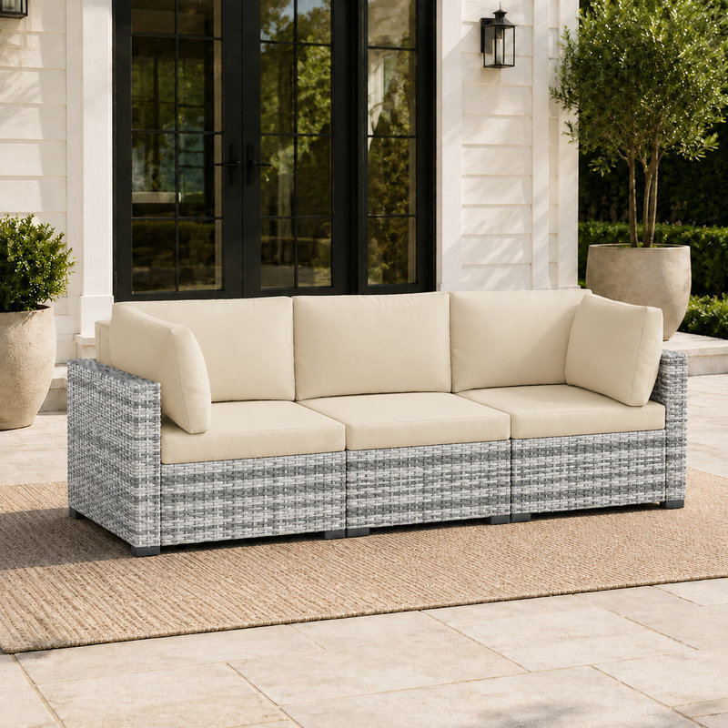 Ensemble de patio en rotin 3 pièces avec coussins, Gris/beige, 3 pièces