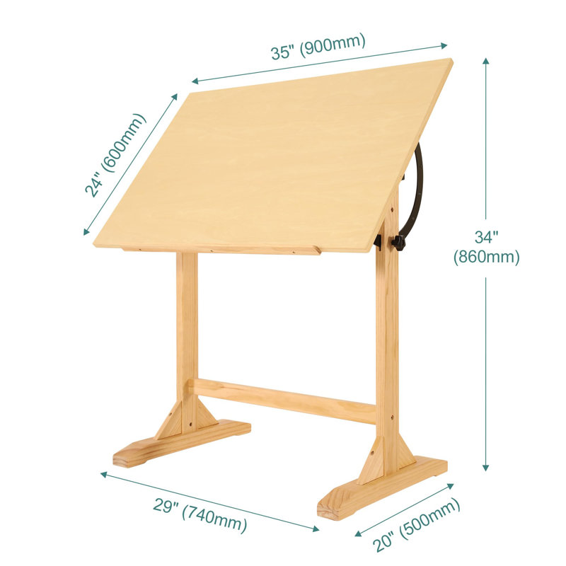 34" Height Solid Pine Wood Drawing Table, Natural