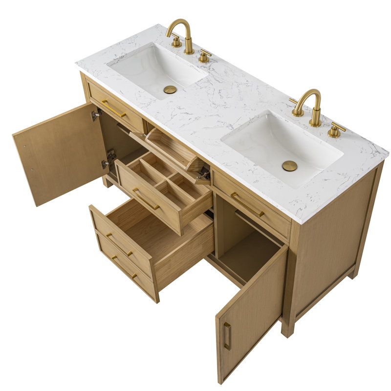 Meuble-lavabo double 60 po Reajean, Sable / bronze brossé
