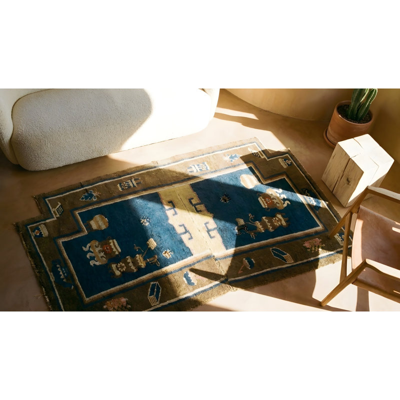 Tapis de selle antique en laine bleu marine et brun