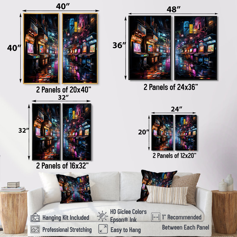 Impression sur toile Neon Arcade, 32" H x 32" W, Impression encadrée flottante, White