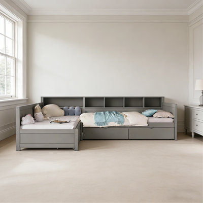 Metairie Modern L-Shaped Wooden Daybed with Storage Drawers & Bookshelf