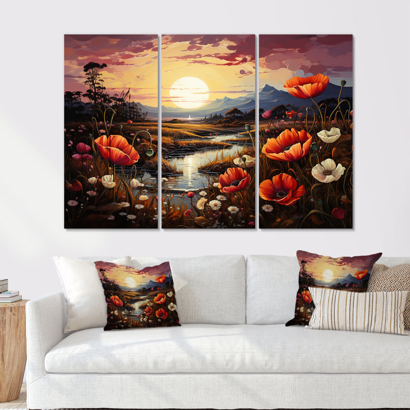 Ensemble de salon avec art floral orange et cramoisi orange, H 40 po x l 60 po x P 1 po