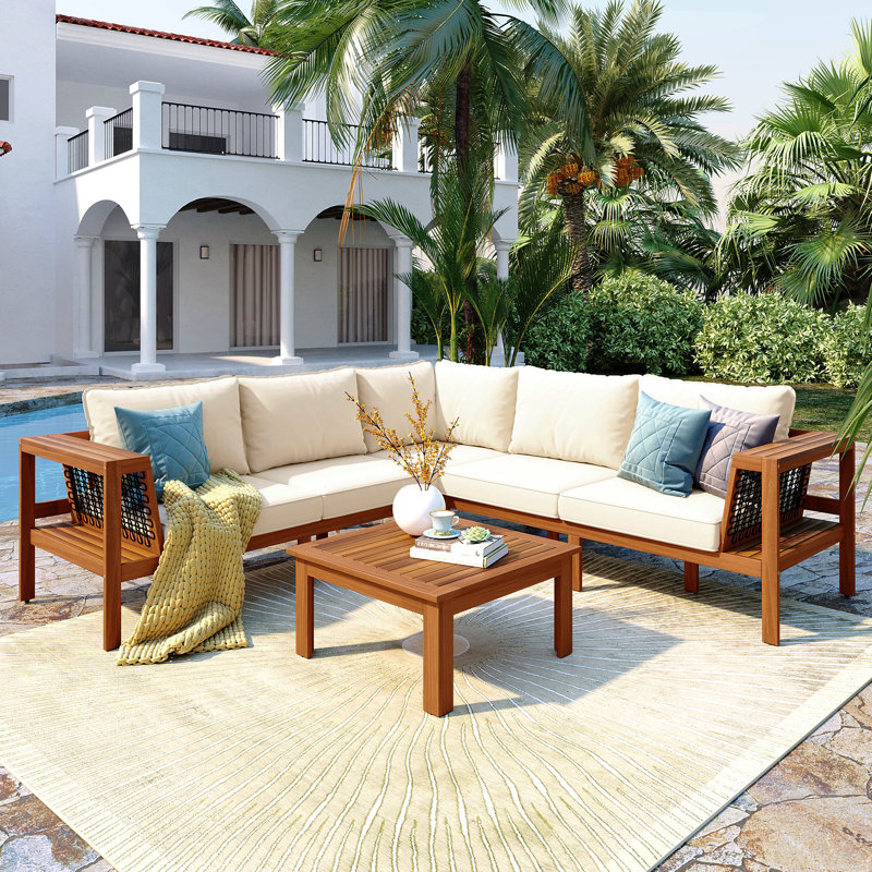 Ensemble de conversation d'extérieur en bois d'acacia avec coussins 4 pièces Luciano, Beige, Teck