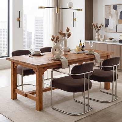 Solid Wood Dining Table with Foot Bar, Rectangular Farmhouse Kitchen Table for Family Meals