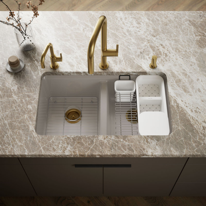 Riverby® 33" x 22" x 9.625" Under-Mount Double-Equal Kitchen Sink with Accessories and 5 Oversized Faucet Holes, Truffle