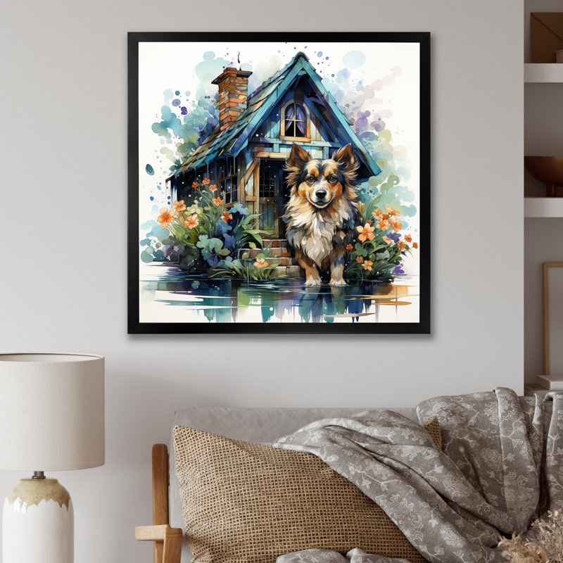 Cozy Sheltie Cottage - Art mural chien, H 16 po x l 16 po x P 1 po, Cadre simple noir