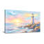 Phare abstrait au coucher du soleil, océan, roches, ciel, lumière, vagues colorées-645381996