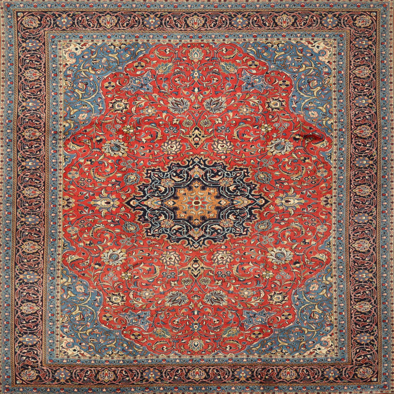 Tapis décoratif rouge à motif oriental Kallie, Carré 7 pi