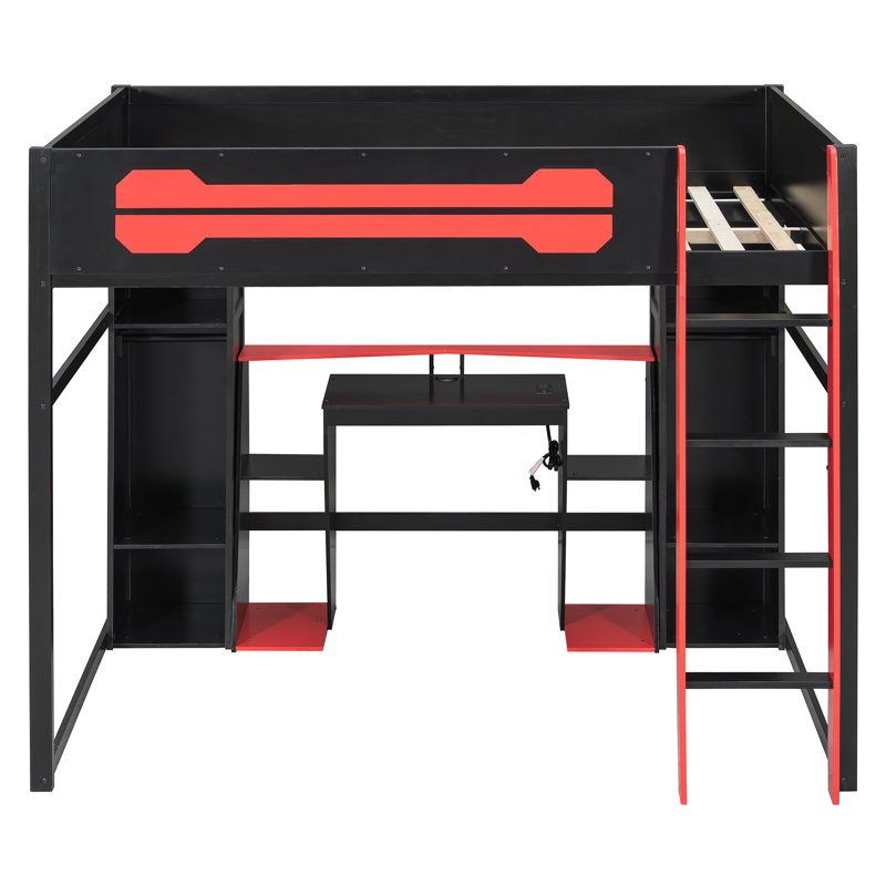 Lit mezzanine double complet avec bureau éclairé, armoires ouvertes, tablettes de rangement et station de charge, Red