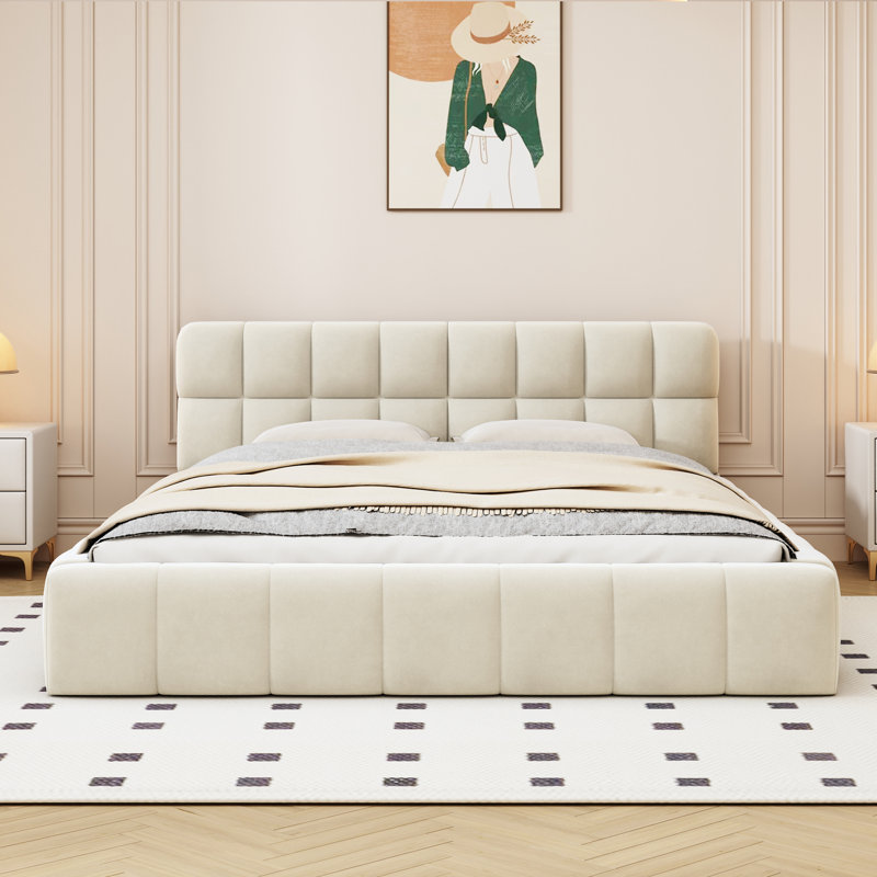 Upholstered Bed, Beige, European Double (140 x 200 cm)