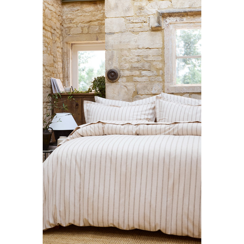 Flannel Stripe Duvet Cover Set, Oat, Queen Duvet Cover + 2 Standard Pillowcases