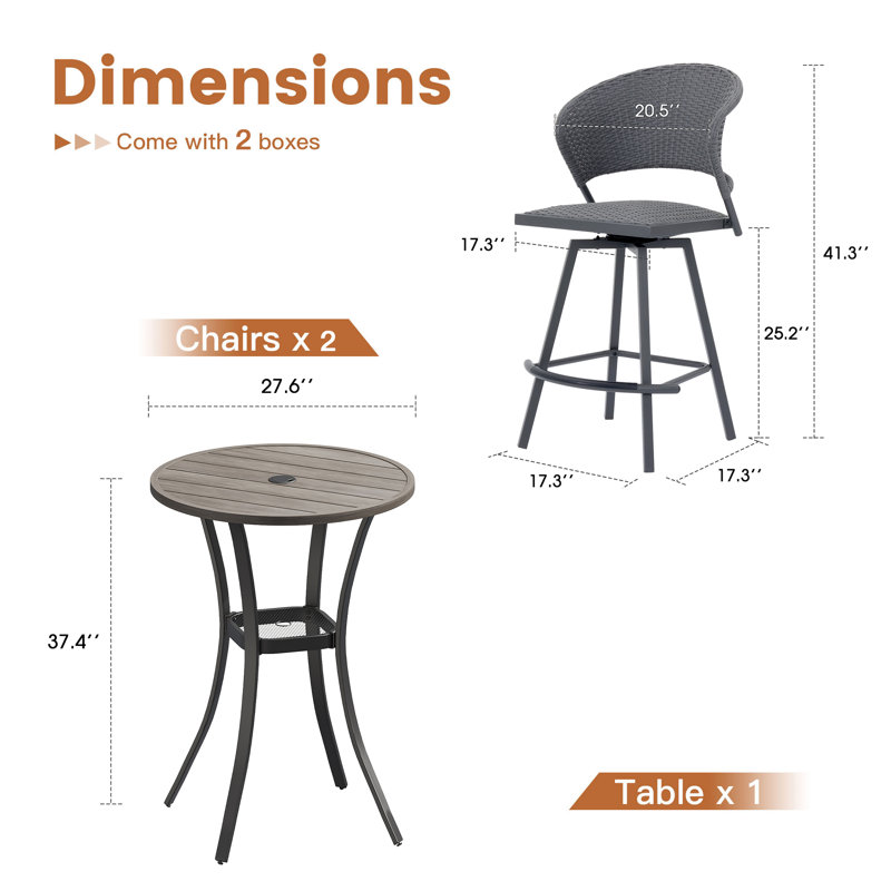 3-Piece Outdoor Bistro Set with Round Bar Table and Wicker Padded Swivel Bar Chairs, Brush Wood Gray/Gray