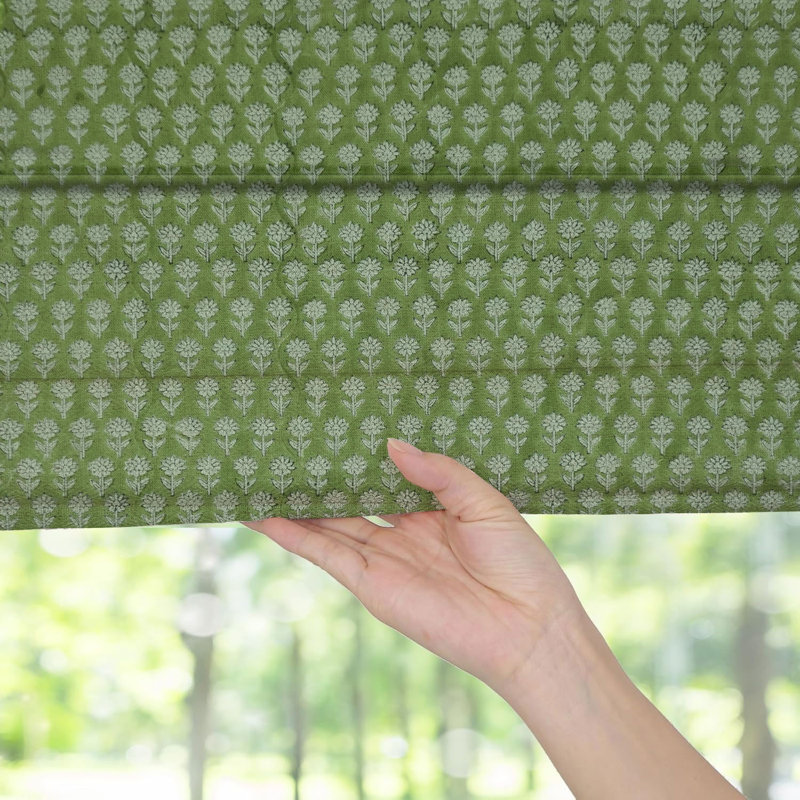 Fabdivine Hand Block Printed Floral Green Linen Roman Shade for Windows, 100% Blackout Room Darkening, Ideal for Kitchen, Bedroom, Living Room, and French Door Treatments, Jasmine