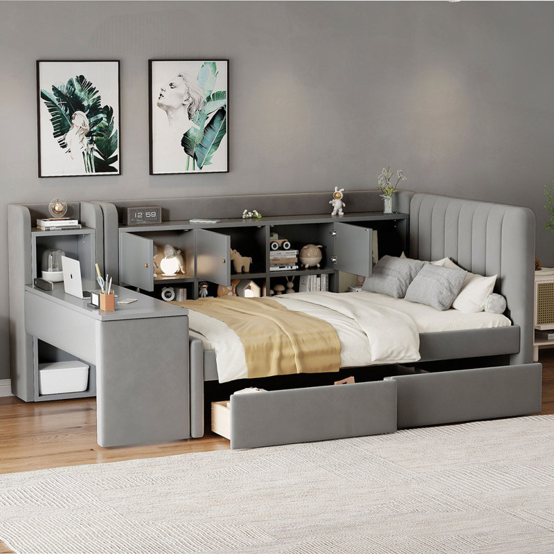Versatile Upholstered Daybed with Multiple Storage Options and Side Table, Gray