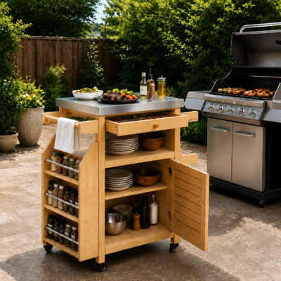 Chariot-bar d'extérieur avec plateau en acier inoxydable 304, armoire de rangement en bois massif, support à épices latéral et roulettes verrouillables pour la préparation du patio et les grillades