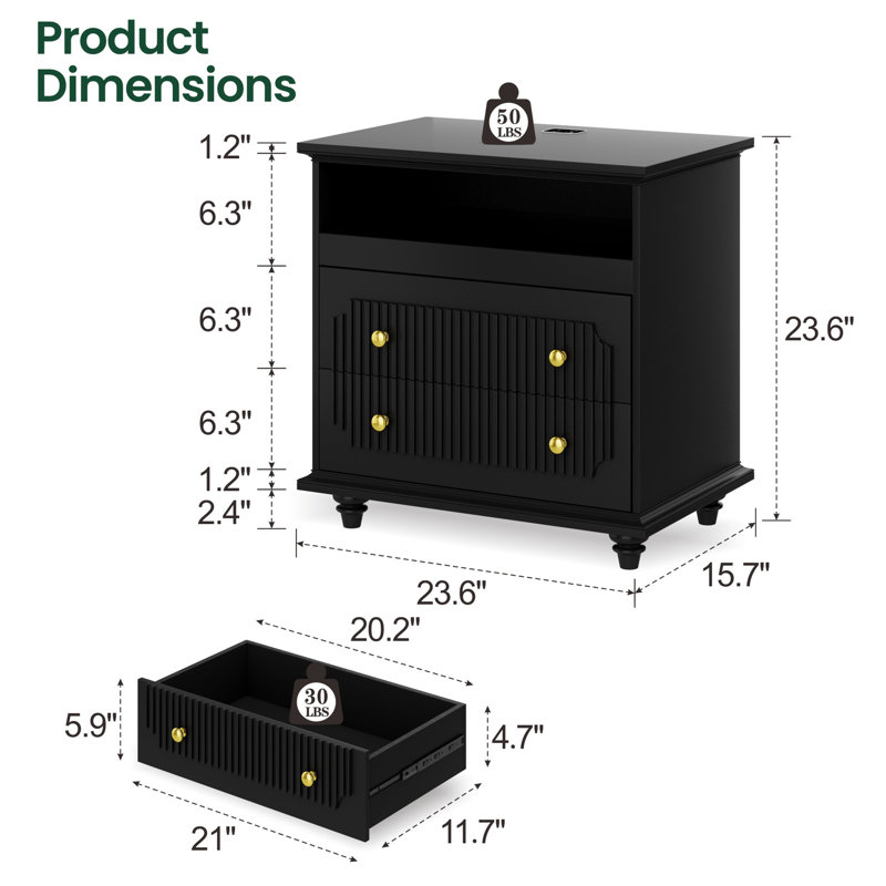 2-Drawer Nightstand With Light, Black