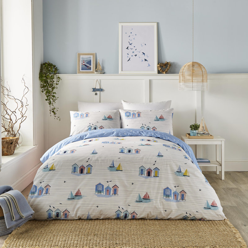 Beach Huts Blue/Grey/Pink 120 TC Reversible Modern & Contemporary Duvet Cover Set, Double - 2 Standard Pillowcases