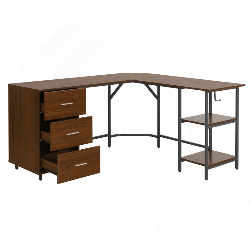 Bureau en L à deux tons avec rangement en L, noyer