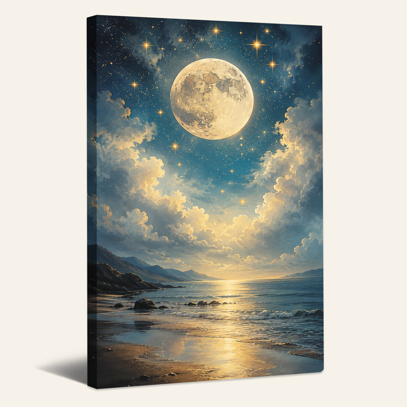 Art mural sur toile Glow Full Moon Over Golden Clouds and Ocean, H 18 po x l 12 po