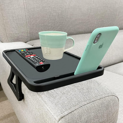 Table à pince avec accoudoirs pour canapé, plateau à collation télé, télécommandes pratiques / support à boissons (noir)