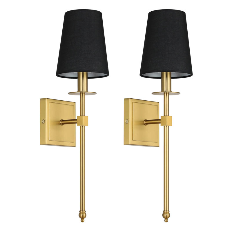 Modern Hardwired Set of 2 Brass Wall with Black Fabric Shade for Bedroom Living Room Hallway