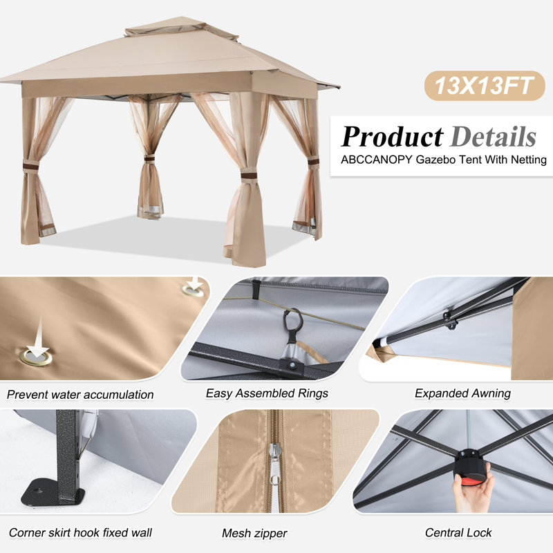 Steel Patio Gazebo, Khaki, 108" H x 146" W x 146" D