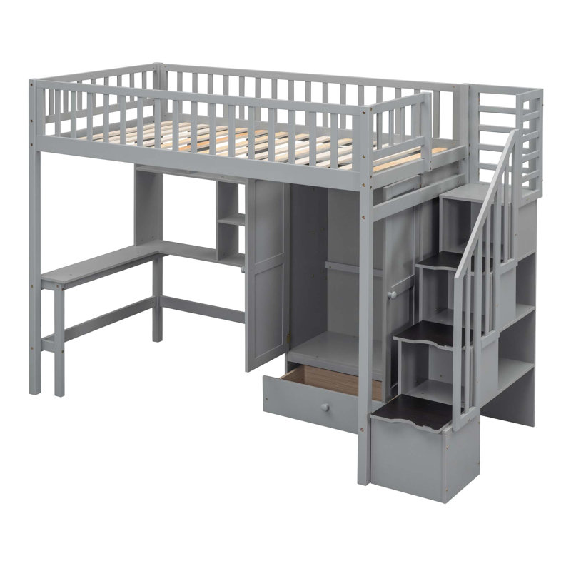 Lit mezzanine avec bibliothèque, tiroirs, bureau et garde-robe, Gris, Lit simple