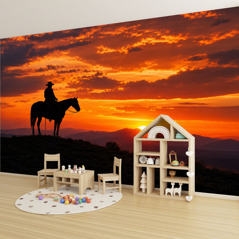 Papier peint mural autocollant de style western avec silhouette de cheval et coucher de soleil sur les montagnes, motif cowboy et cheval. Décoration murale moderne pour chambre ou salon, 175 cm x 244 cm.