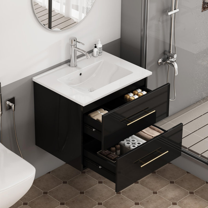 Meuble-lavabo mural moderne de 24 po avec lavabo en céramique et tiroirs doubles Alderidge