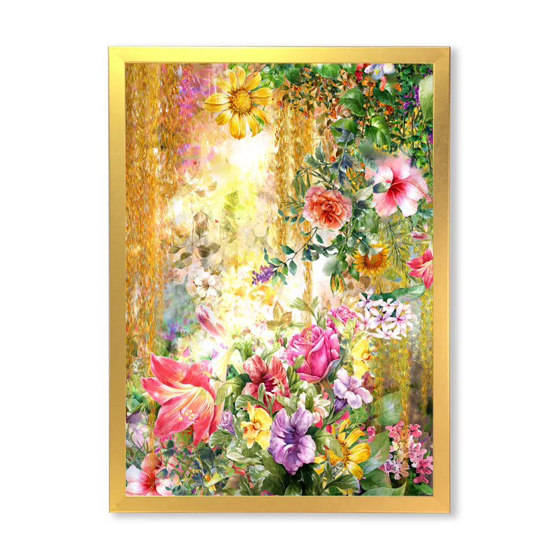 «Vintage Spring Garden Flowers V», œuvre d'art traditionnelle sur toile, Cadre photo doré, H 32 po x l 16 po x P 1 po