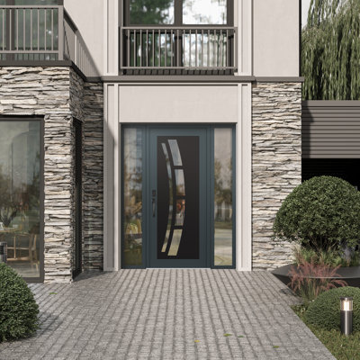 C12 droite 64 po C12 X 80 po Panneau d'entrée en verre noir anthracite et anthracite à panneau avec 2 portes d'entrée en verre pré-montées