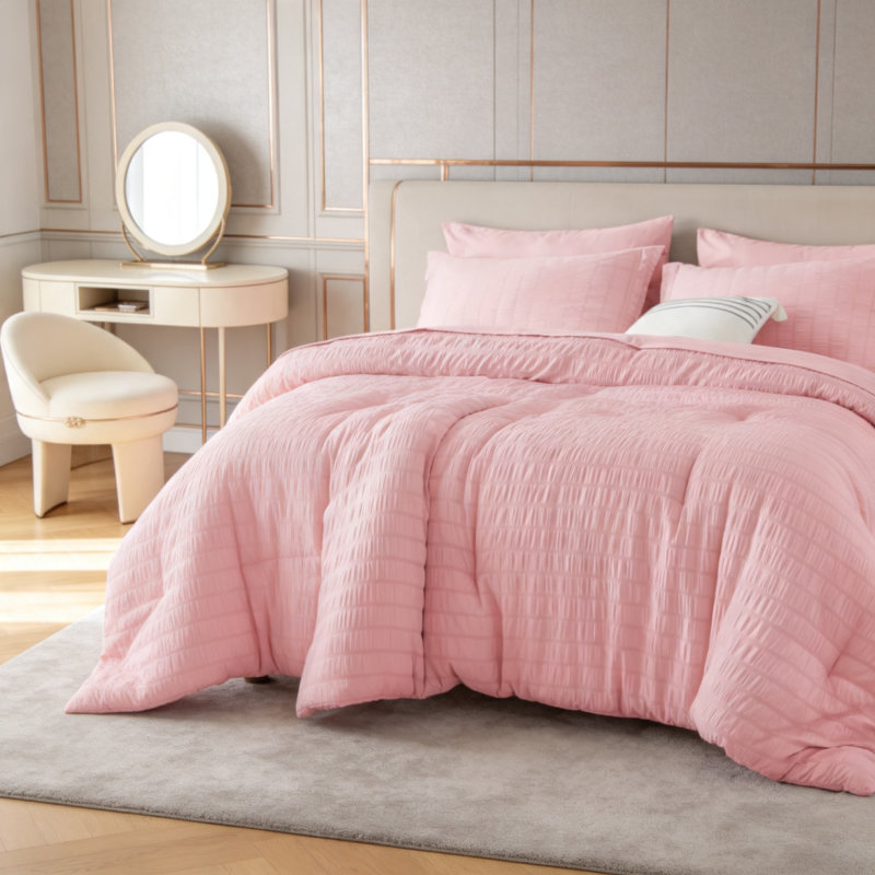 Ensemble de couette rose 5 pièces en seersucker pour lit simple XL