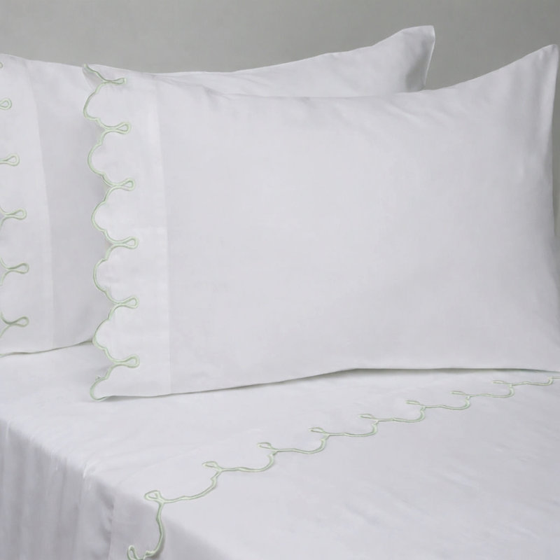 Scalloped 100% Cotton Standard Sheet Set, Full/Double Sheet Set, White Green