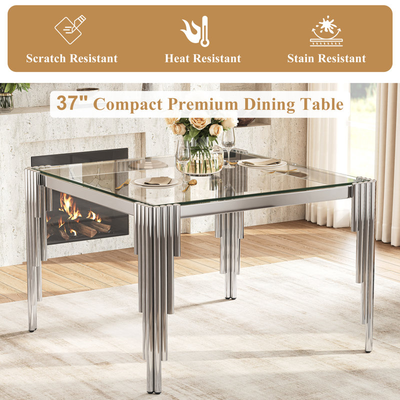 Modern Metal And Glass Dining Table Set With 4 Luxury Velvet Dining Chairs, Clear/Silver, 5 Pieces: Table, 4 Chairs