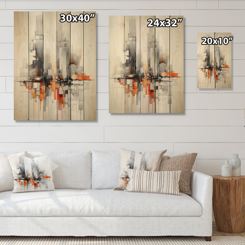 Minimalisme orange gris, rythme urbain I sur bois, H 32 po x l 24 po x P 0,78 po