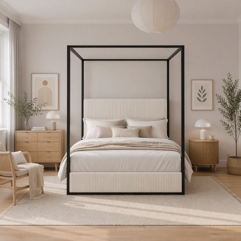 Lit à baldaquin moderne de luxe Queen Size en métal avec tête de lit capitonnée haute en velours côtelé et quatre colonnes, sans sommier, blanc