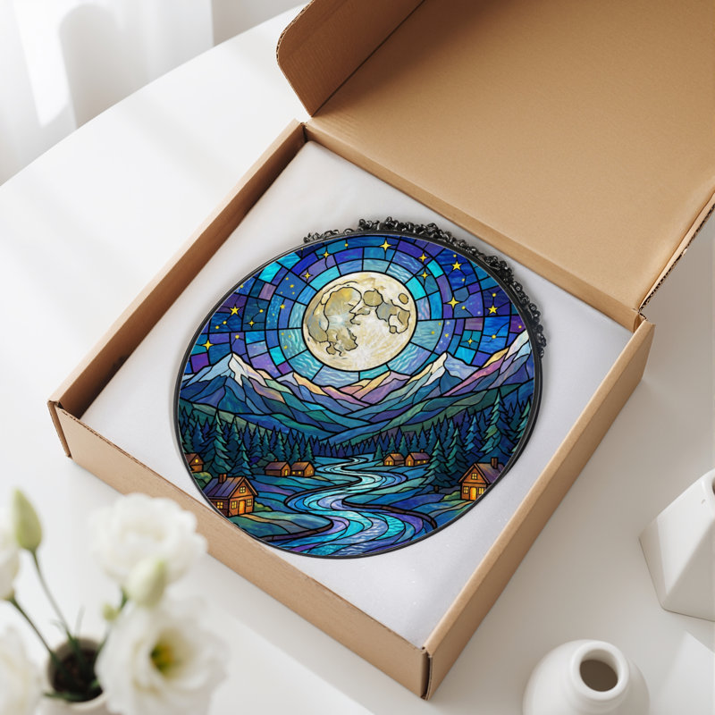 Panneau de vitrail 12 "H Moonlit Mountains, H 12 po x l 12 po