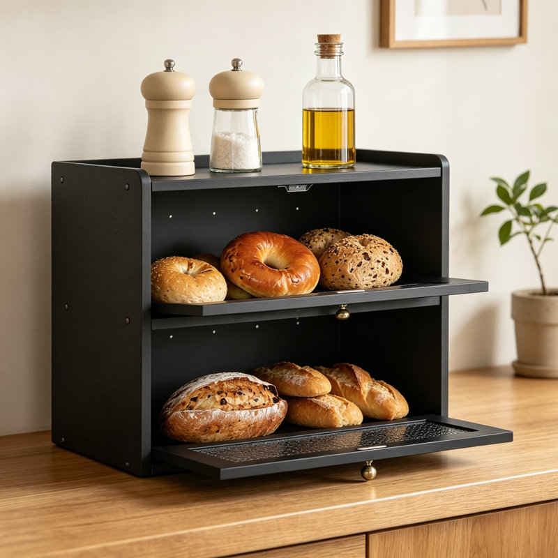 Grande boîte à pain en bois pour comptoir, avec portes vitrées en acrylique, ventilations et plateau de rangement plat., Noir