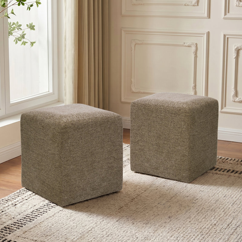 Modern Square Upholstered Ottoman with Solid Wood Frame Set Of 2, Light Brown