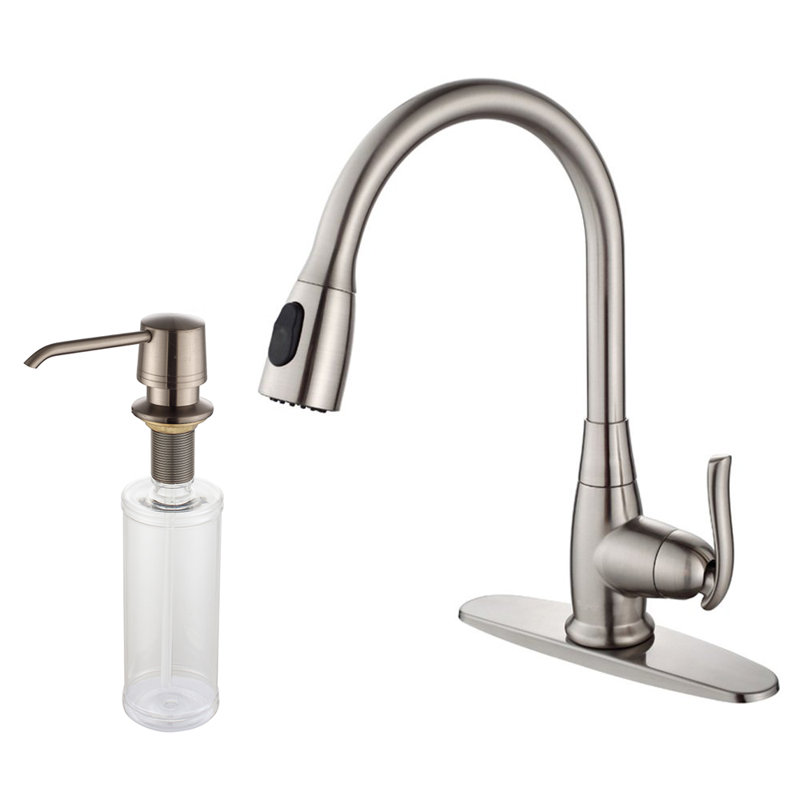 Premium Pull Down Single Handle Kitchen Faucet with Optional Soap Dispenser, Satin Nickel, Without Soap Dispenser
