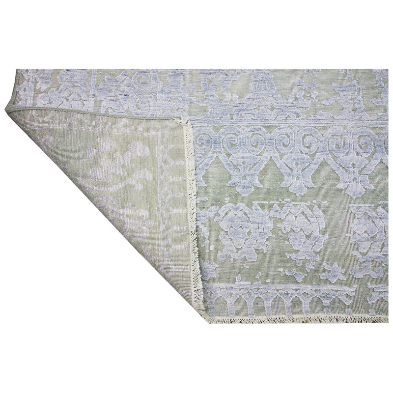 Tapis vert clair / bleu noué à la main de haute qualité, Rectangle 9 pi x 12 pi