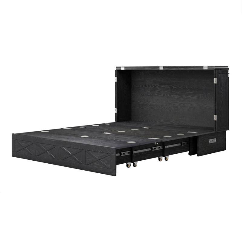 Solid Wood Murphy Bed Cabinet With Charging Station, Large Storage Drawer（Mattress Included）, Black