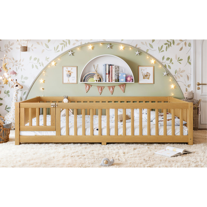Lit grand format avec garde-corps et porte pour enfants, naturel, Natural, Grand lit