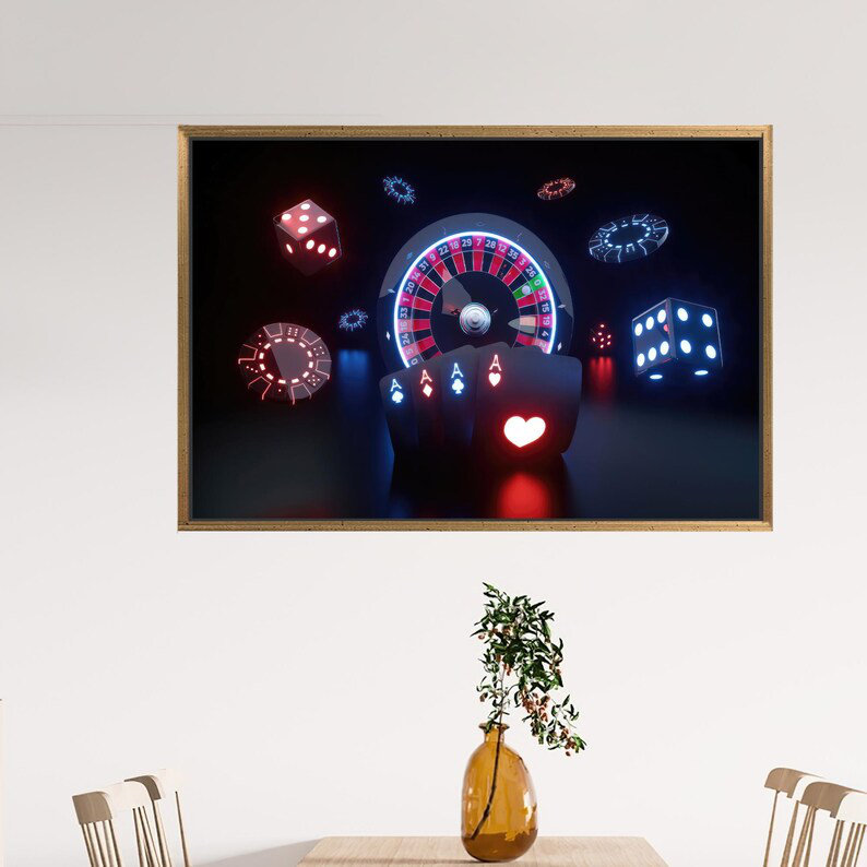 Impression sur toile de jeu de casino moderne: art mural fait à la main pour les salles de jeux et les bureaux, Doré