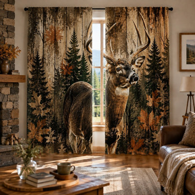 Lot de 2 rideaux occultants à motif de cerf de forêt, thème forêt rustique, art animalier, à œillets, isolation thermique pour salon et chambre à coucher.
