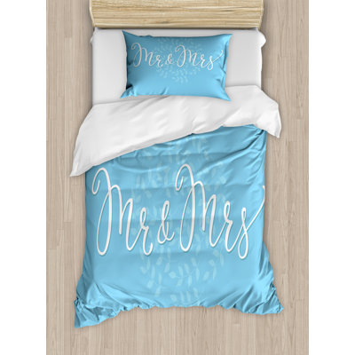 Ambesonne Mr Mrs Duvet Cover Set, Romantic Wedding Design, Twin, Pale Blue White -  nev_74803_twin