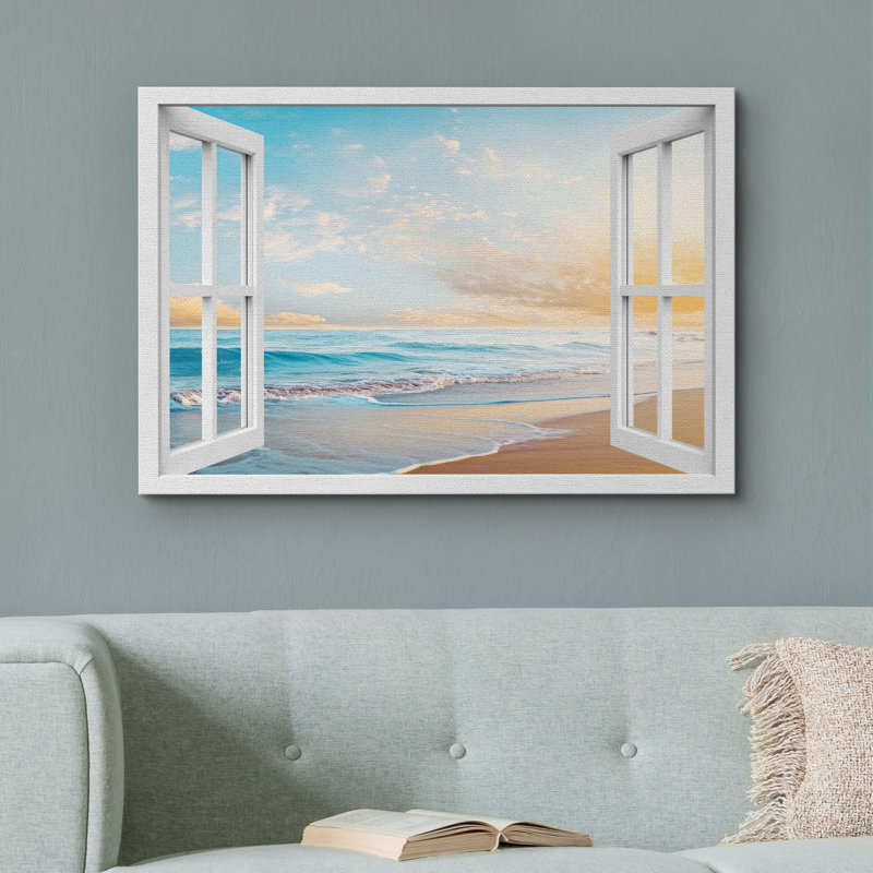 Fenêtre, paysage, «Coastal Serenity Ocean View, images, animaux, paysage rustique, campagne, campagne» sur, H 32 po x l 48 po